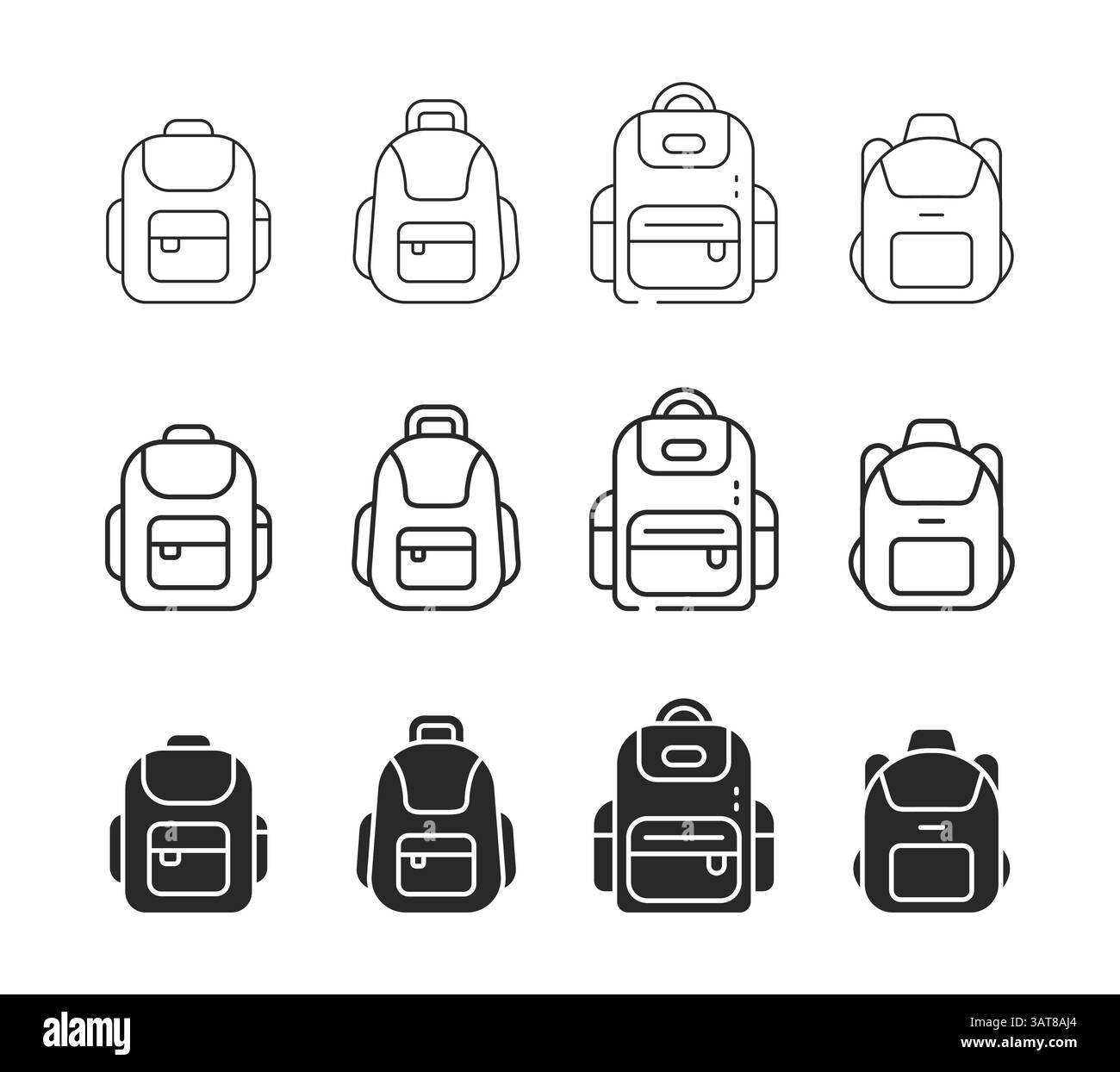 School backpack icon set solid and line art bag symbol Stock Vector