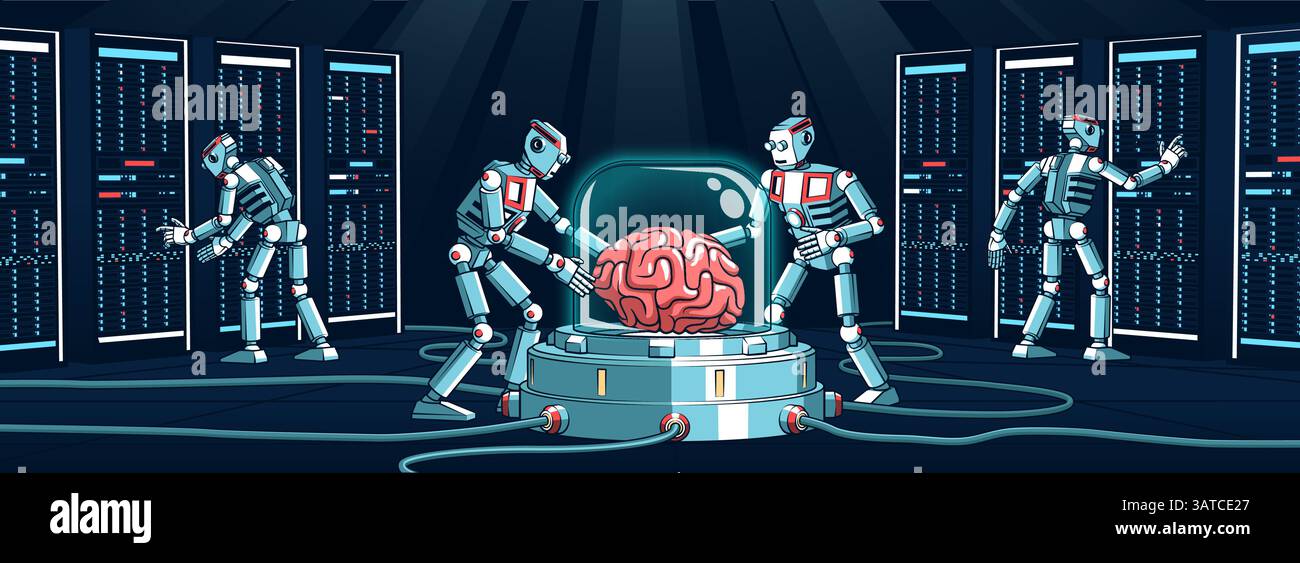 Robots collaborating on advanced data processing within a futuristic data center in a sci-fi scenario Stock Vector