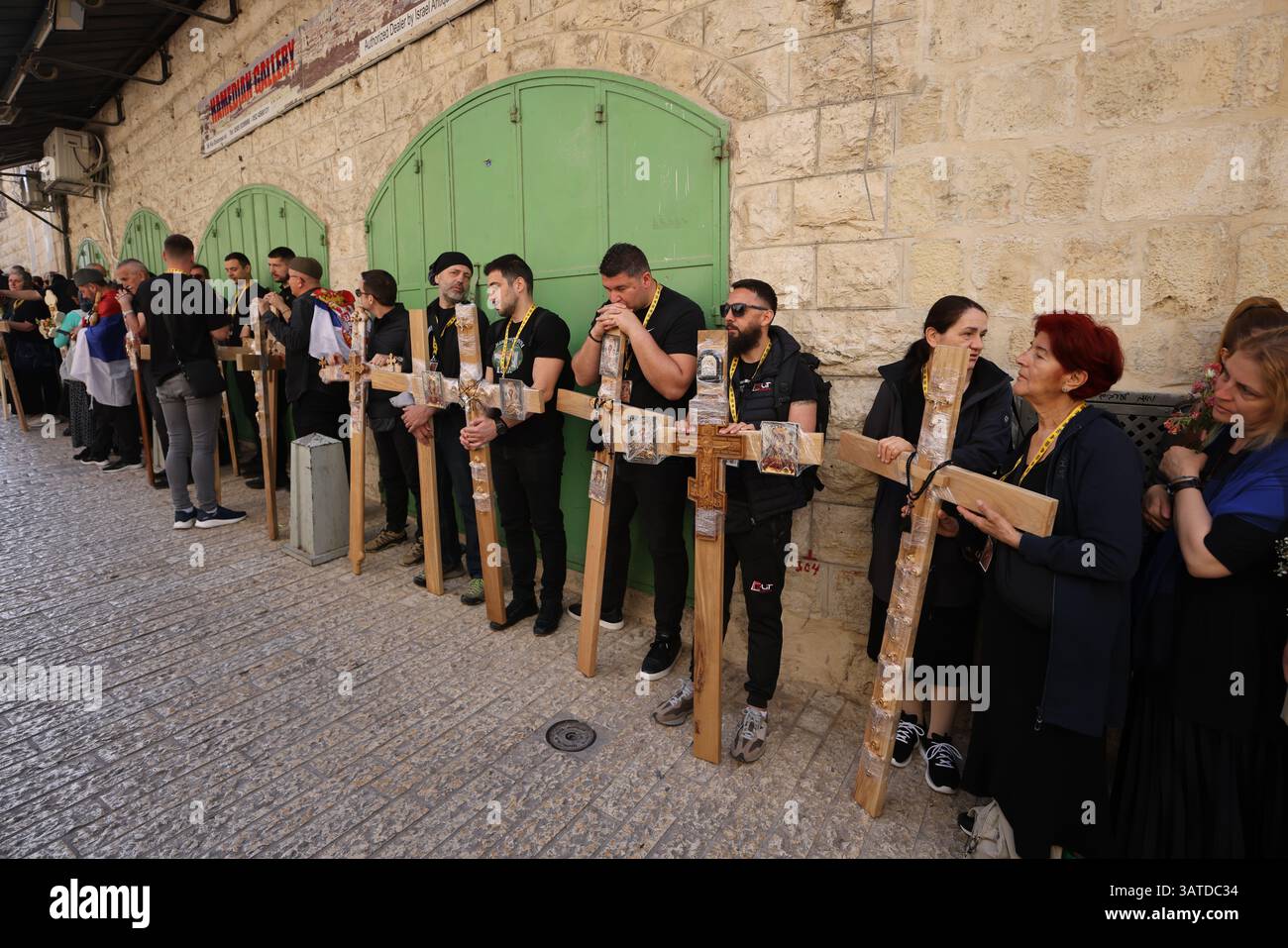 Jerusalem. 18th Apr, 2025. Christian pilgrims stand along the Via ...