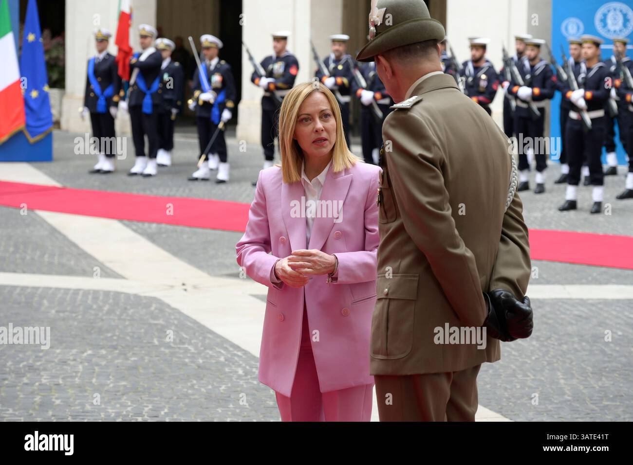 Rome, Italy. 18th Apr, 2025. Italian Prime Minister Giorgia Meloni (l ...
