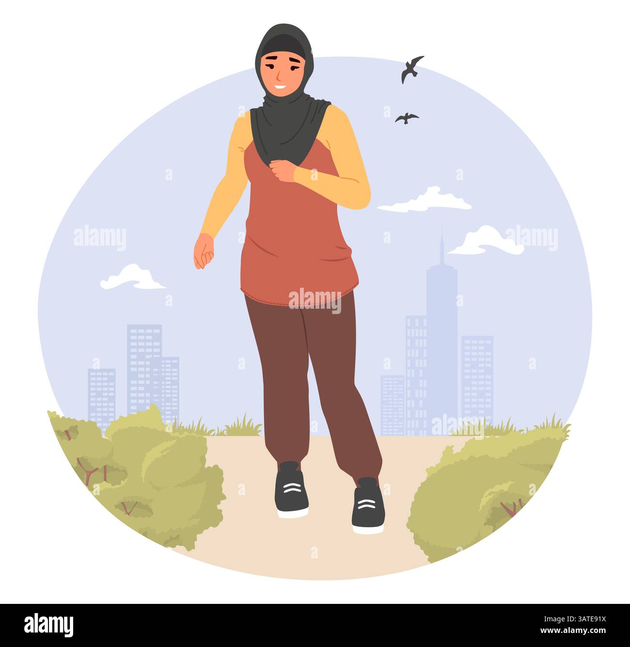 A woman wearing activewear jogs along a pathway in an urban park ...