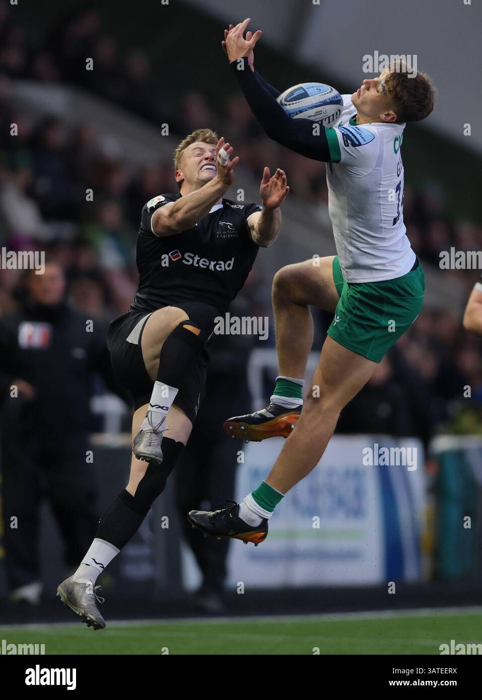 Newcastle Falcons’ Alex Hearle (left) and Northampton Saints’ Will ...