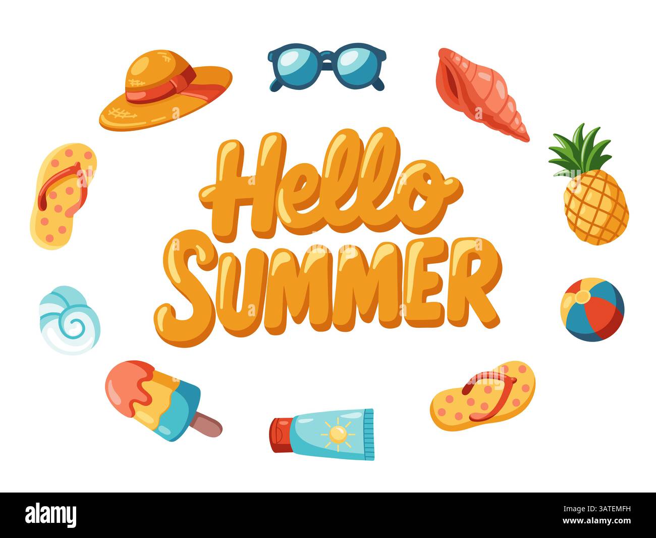 Hello Summer handwritten lettering illustration with beach elements. Vector isolated illustrations on white background Stock Vector