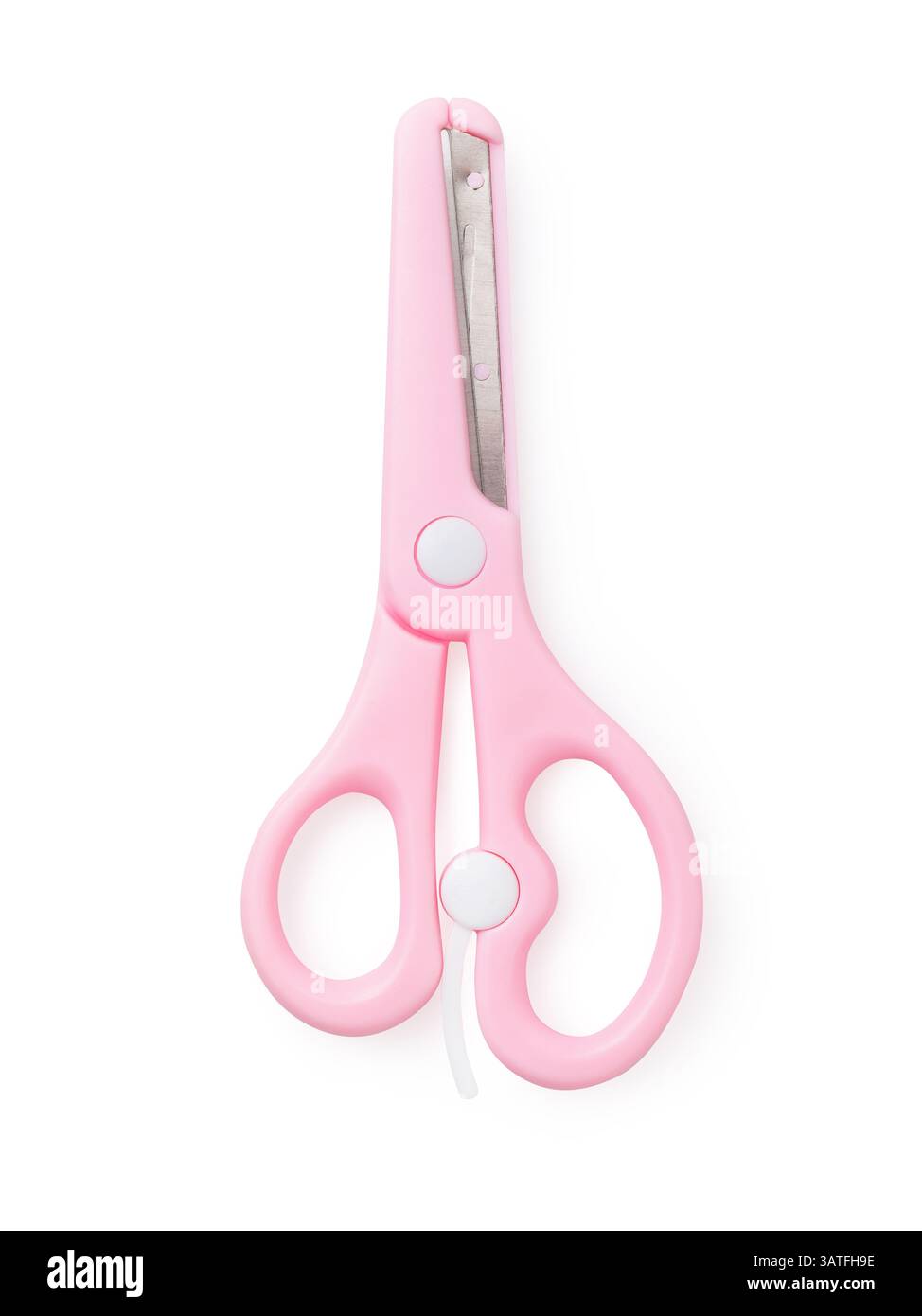 Children's pink scissors isolated on white background, top view Stock Photo