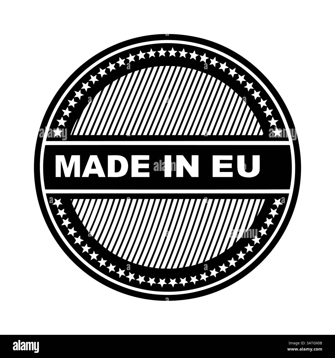 Made in EU icon. Black and white round icon with hatching and the ...