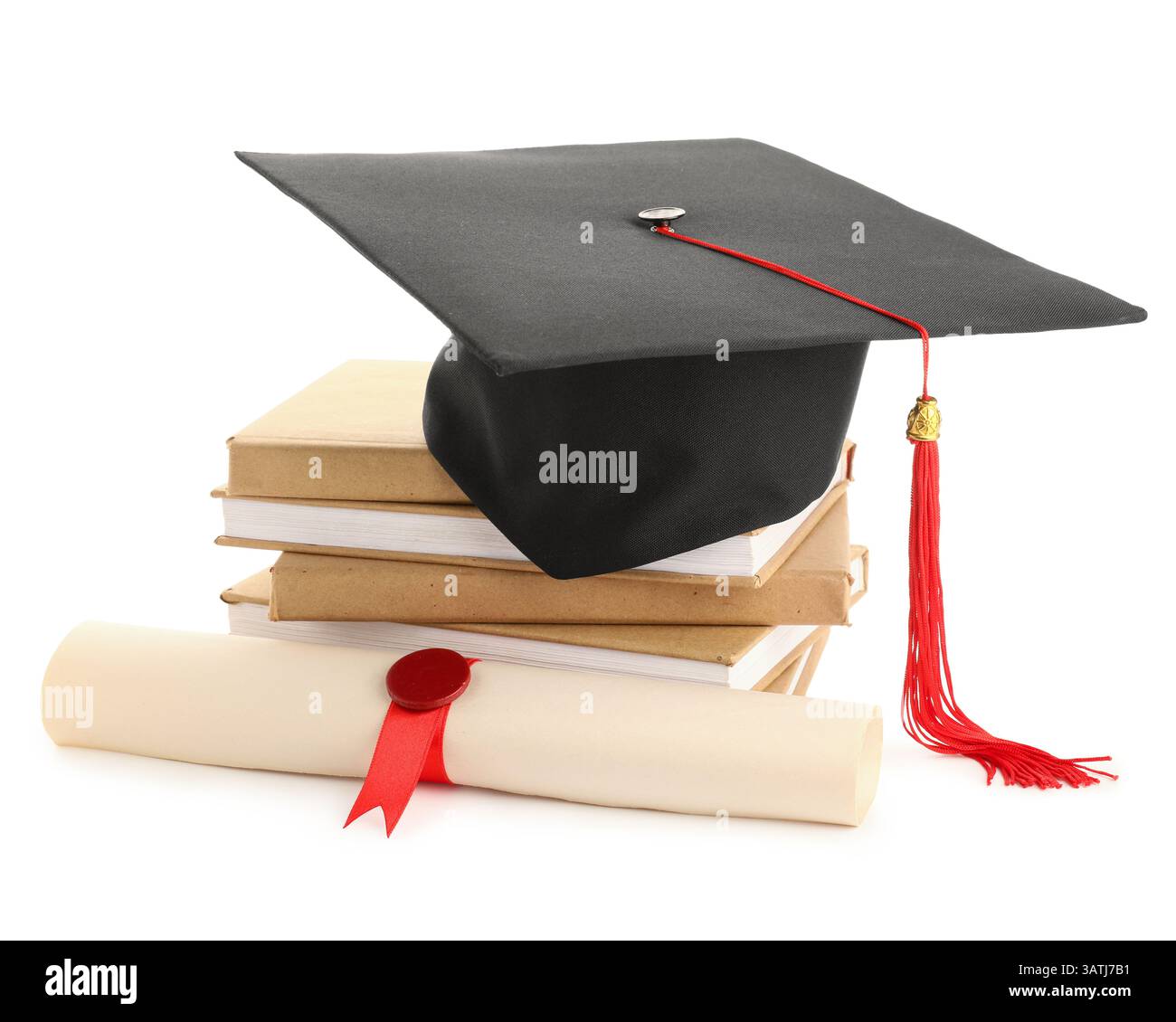 Mortar board with stack of books and diploma on white background Stock ...