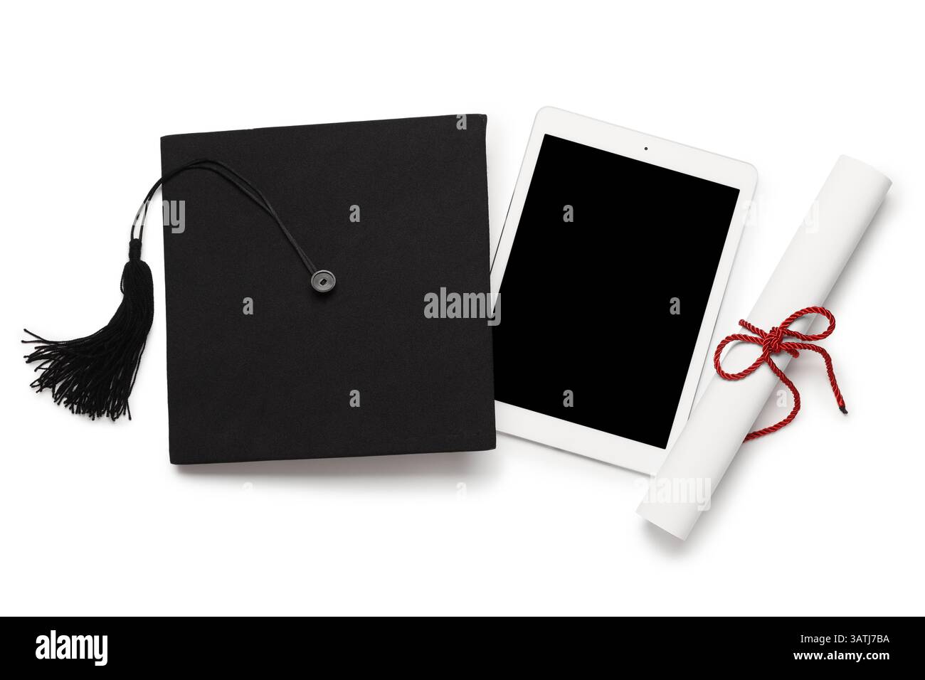 Mortar board with diploma and modern tablet computer on white ...