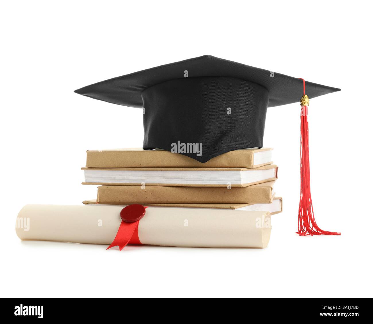 Mortar board with stack of books and diploma on white background Stock ...