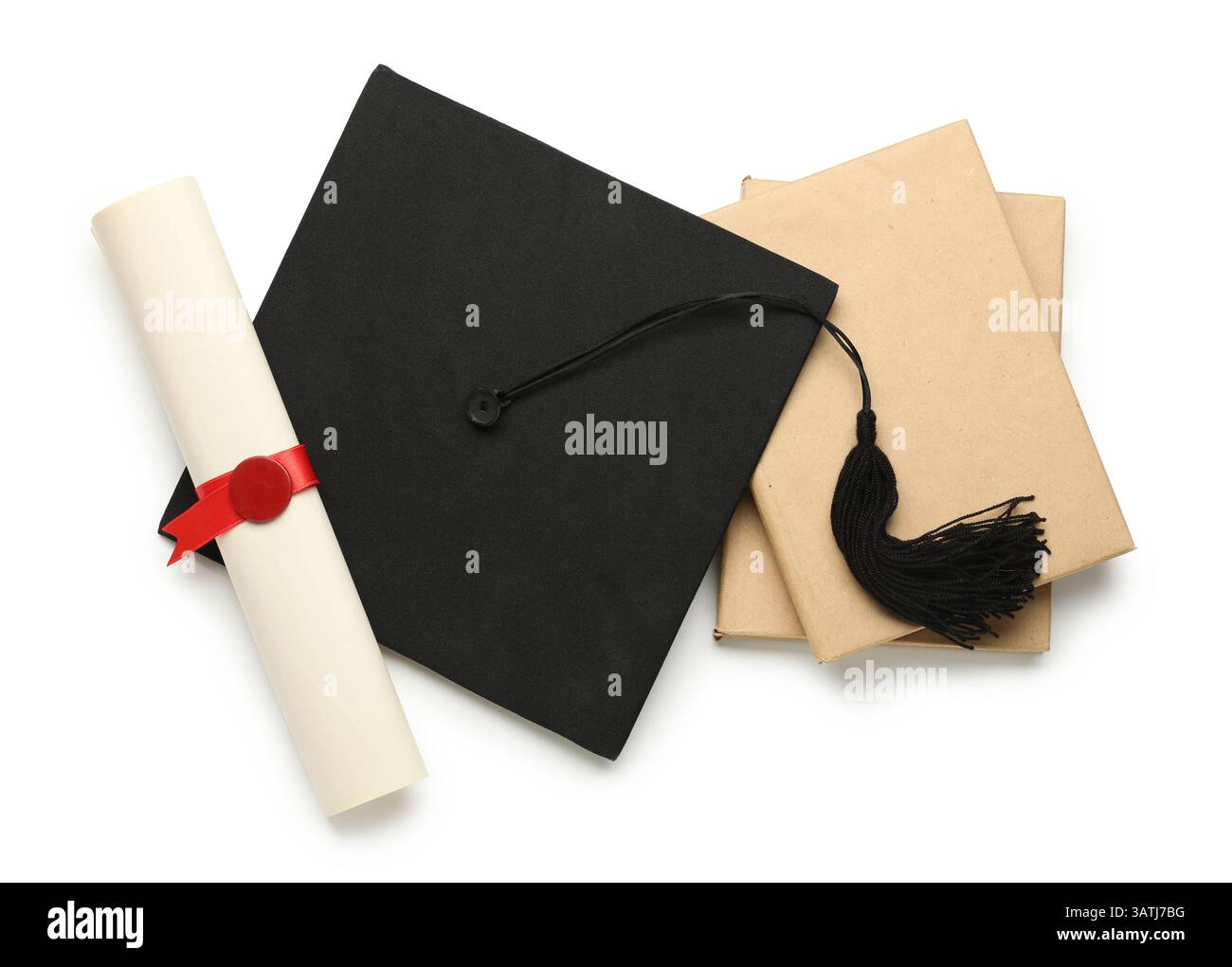 Mortar board with diploma and books on white background Stock Photo - Alamy