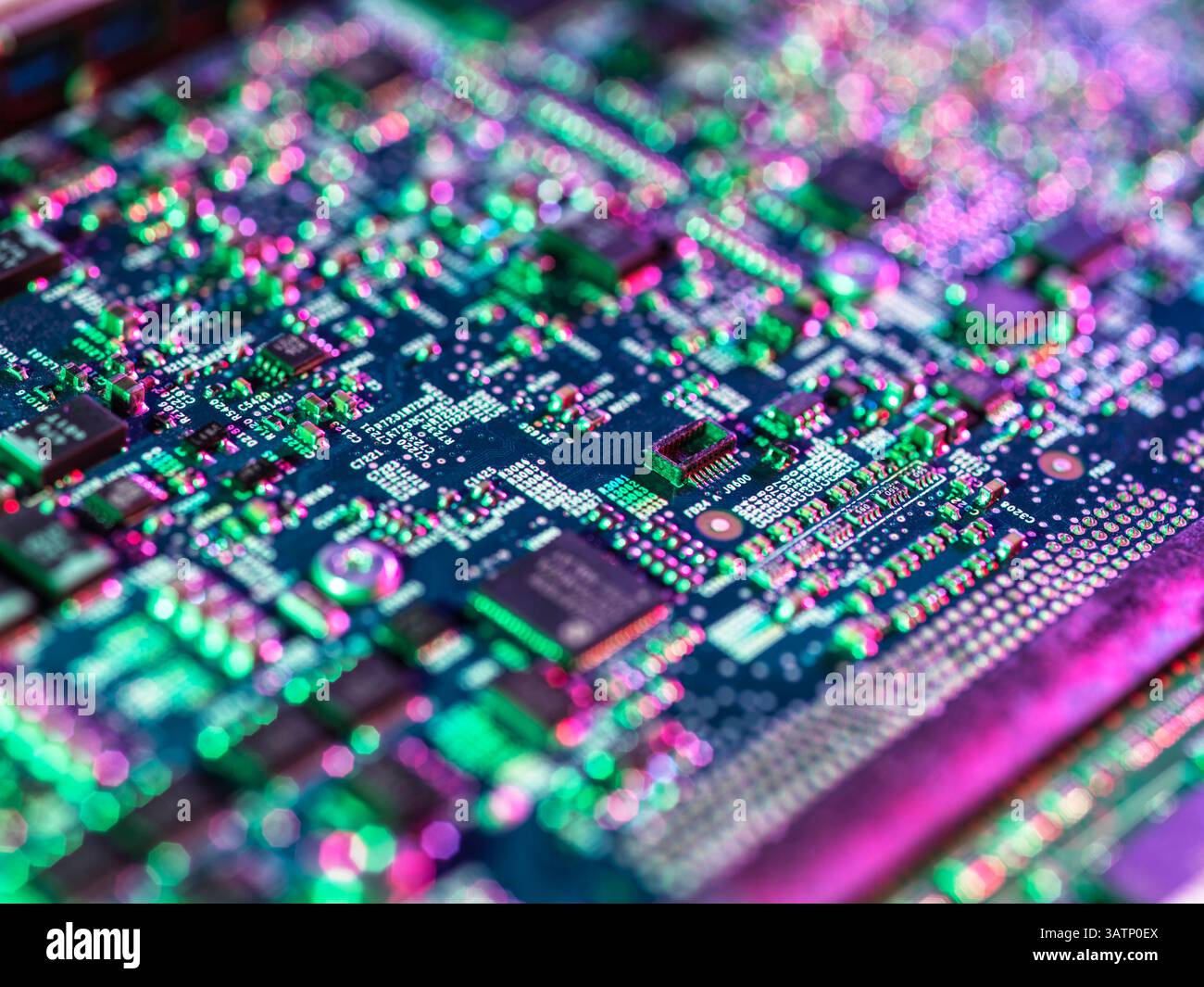 Circuit board from a laptop computer showing the chips and electronics. Stock Photo