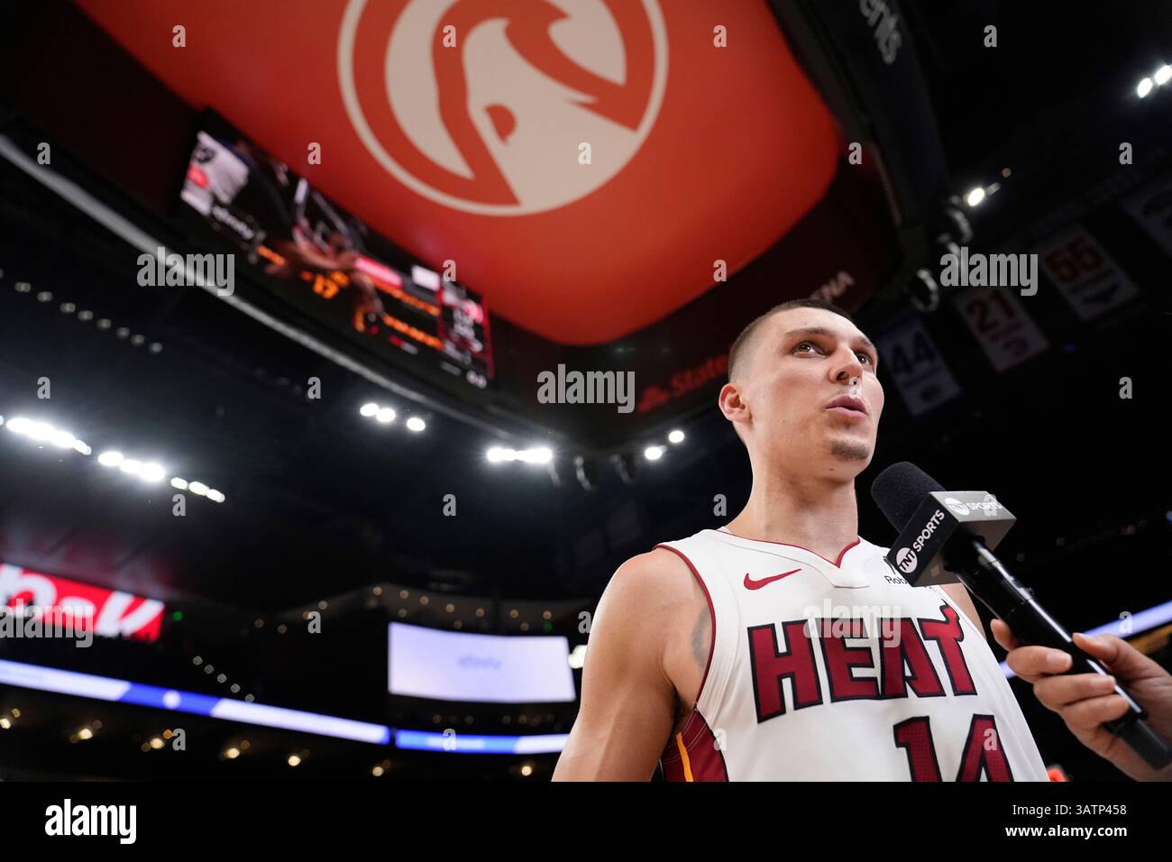 Miami Heat guard Tyler Herro (14) reacts to a win against the Atlanta