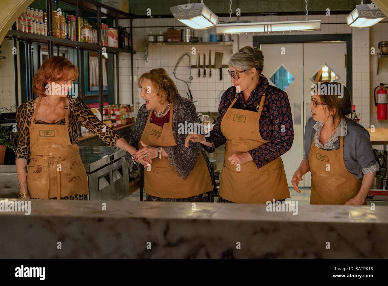 RELEASE DATE: May 9, 2025. TITLE: Nonnas. STUDIO: Netflix. DIRECTOR: Stephen Chbosky. PLOT: After losing his beloved mother, a man risks everything to honor her by opening an Italian restaurant with actual grandmothers as the chefs. STARRING: (L-R) SUSAN SARANDON as Gia, BRENDA VACCARO as Antonella, LORRAINE BRACCO as Roberta, TALIA SHIRE as Teresa. (Credit Image: © Netflix/Entertainment Pictures/ZUMAPRESS.com) EDITORIAL USAGE ONLY! Not for Commercial USAGE! Stock Photo