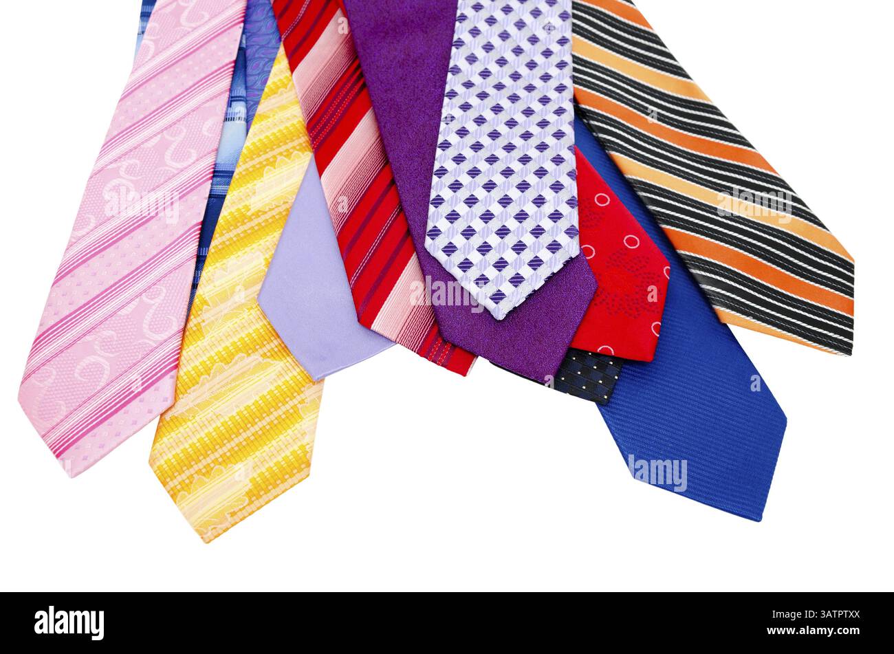 Many different colurful ties, isolated over white Stock Photo