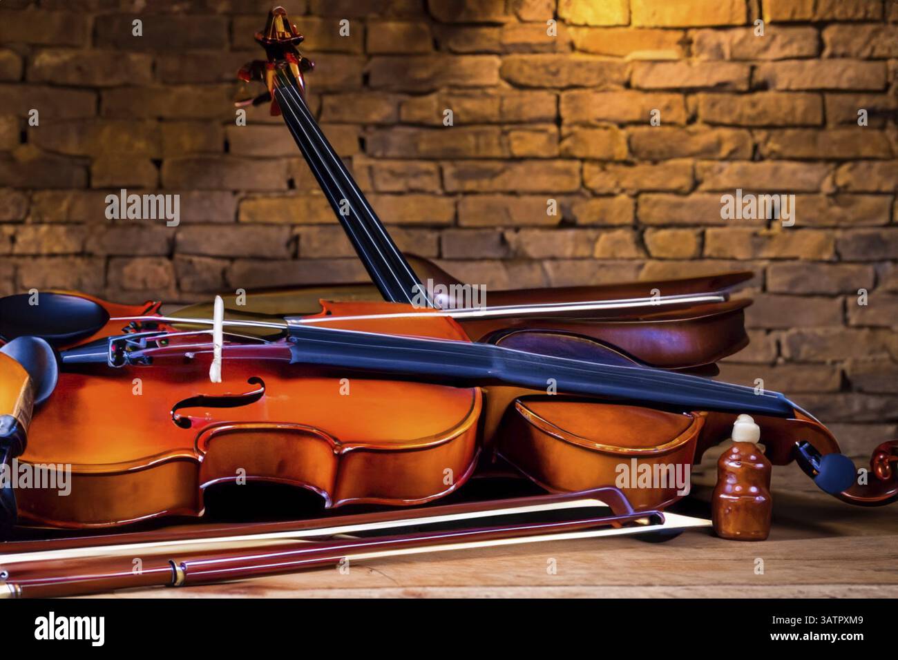 Interior of an old musical workshop with musical instruments and tools ...