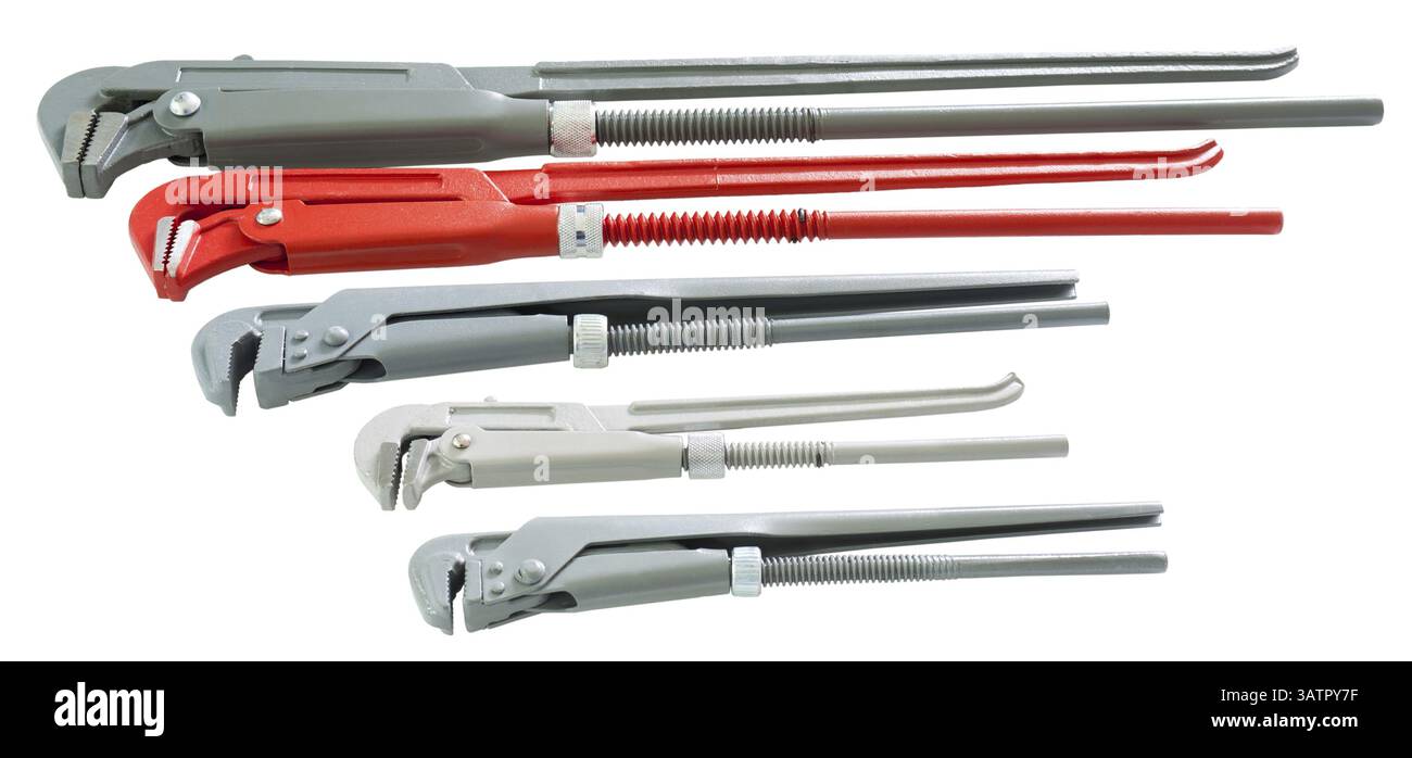 Set of pipe spanners of different sizes and colour Stock Photo