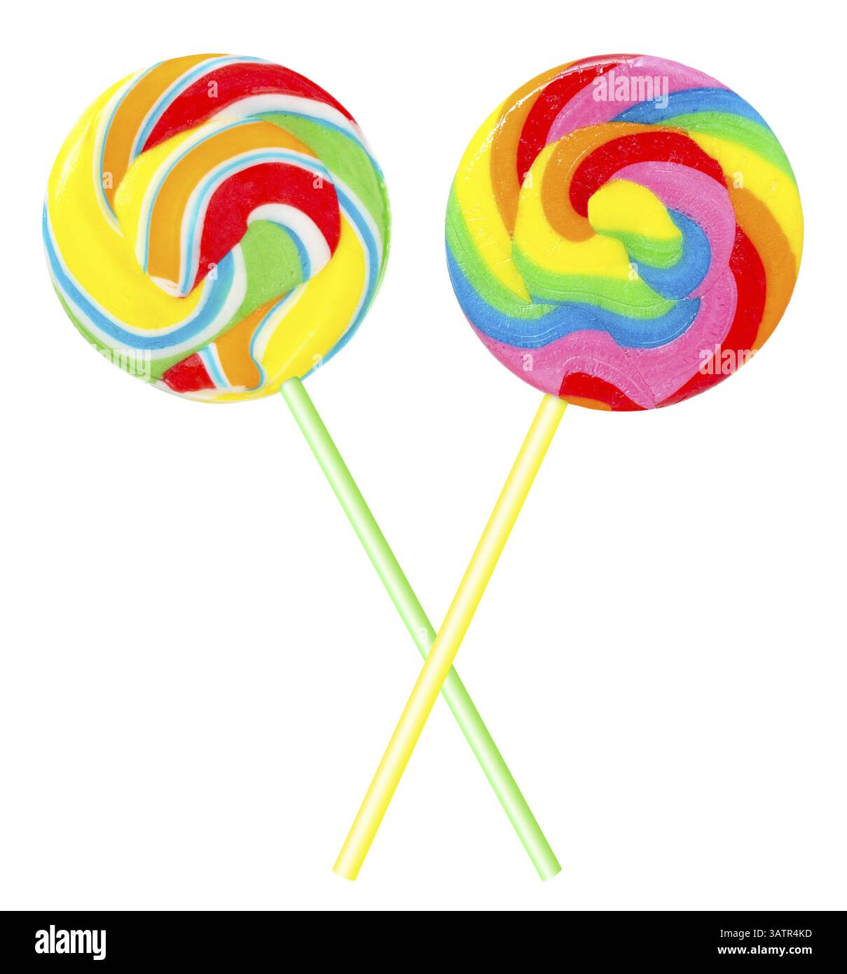 Two flat round coloutful lollipops, isolated over white Stock Photo