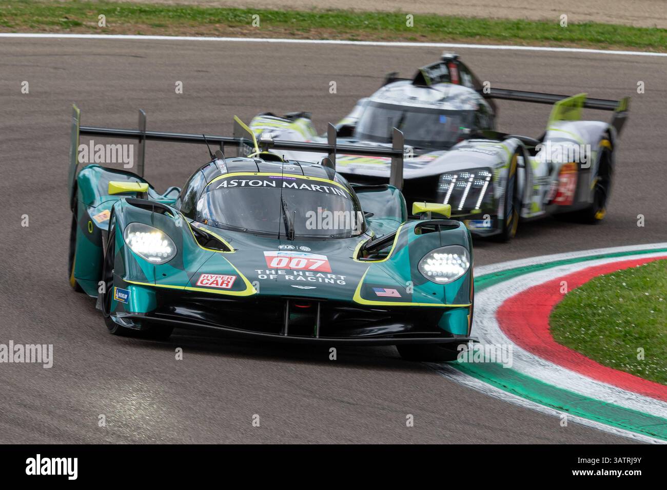Imola, Italy. 18 April, 2025. ASTON MARTIN THOR TEAM #007 HYPERCAR (TINCKNELL, GAMBLE) at turn 7 during the second Free practice session of the 2025 F Stock Photo