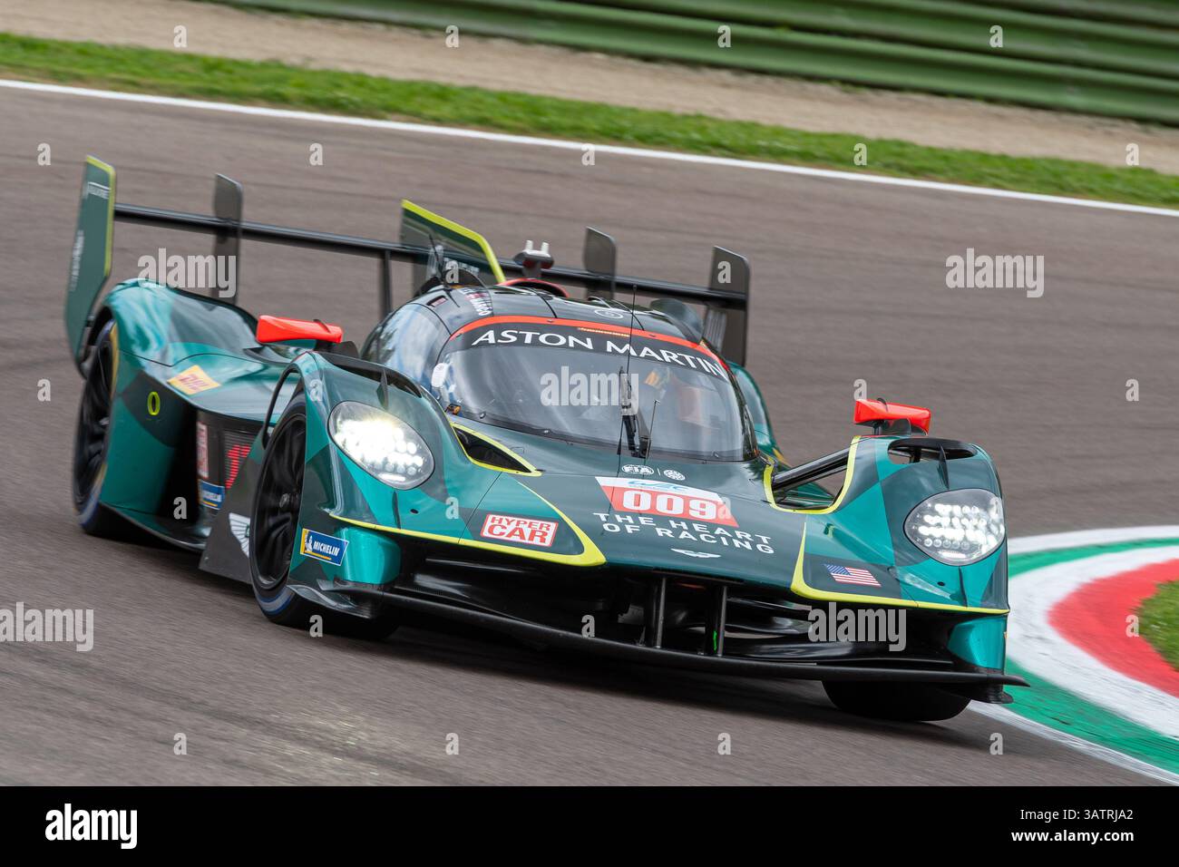Imola, Italy. 18 April, 2025. ASTON MARTIN THOR TEAM #009 HYPERCAR (RIBERAS, SORENSEN) at turn 7 during the second Free practice session of the 2025 F Stock Photo