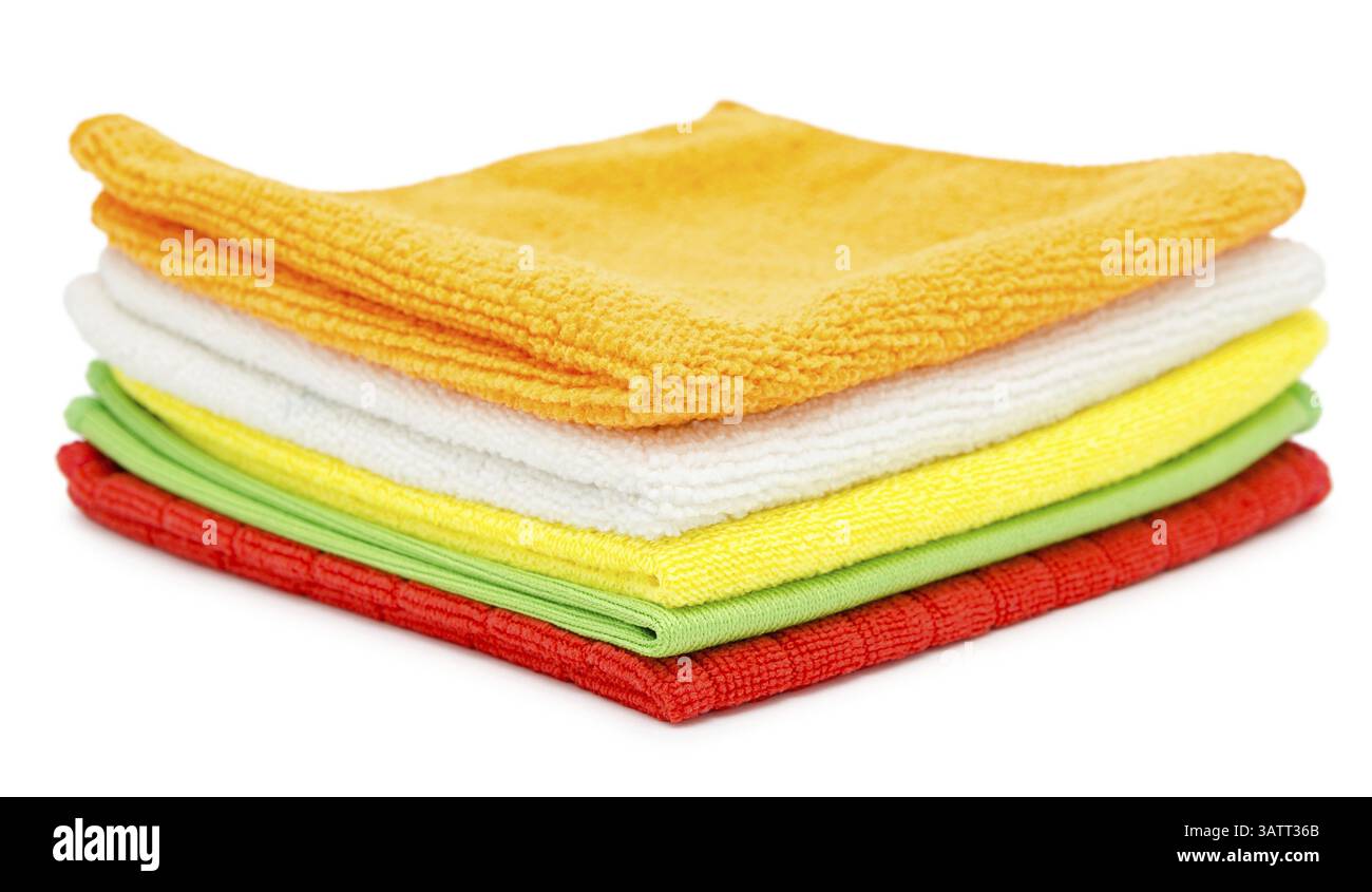 Colorful microfiber cleaning towels, over white background Stock Photo