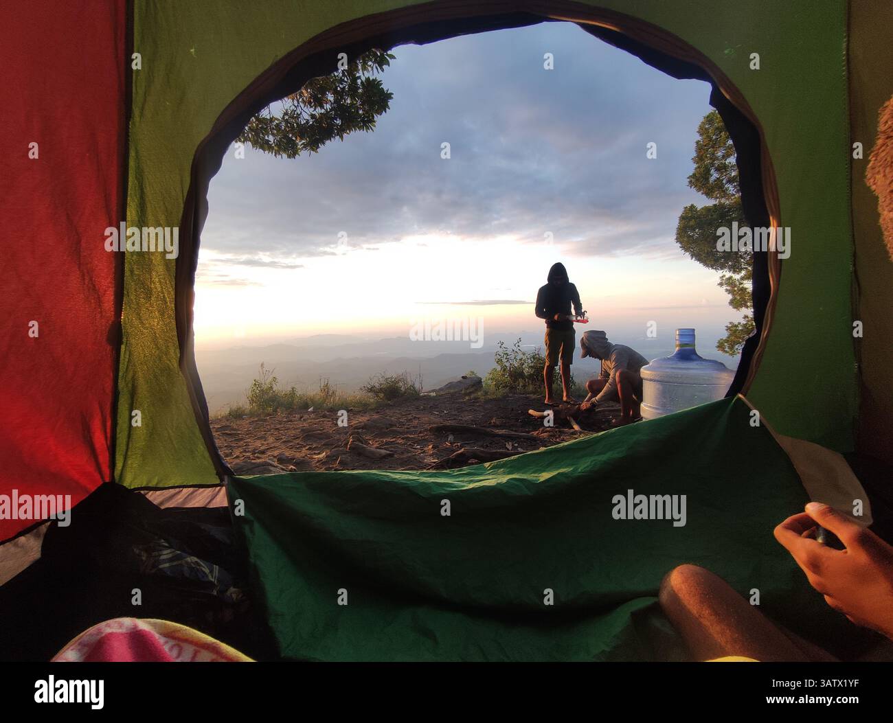 Scenic Mountain Sunrise View from Inside a Tent – Campers Enjoying the Outdoors - Smartphone Captured Stock Image