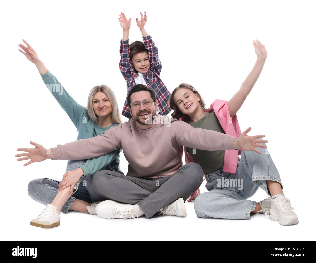 Portrait of happy family on white background Stock Photo - Alamy