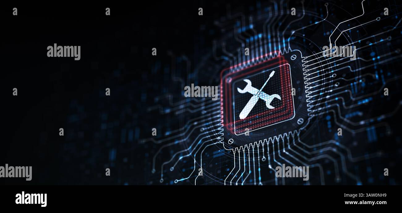 Digital Maintenance and Repair Icon Displayed on Processor in Circuit Design Environment. Stock Photo