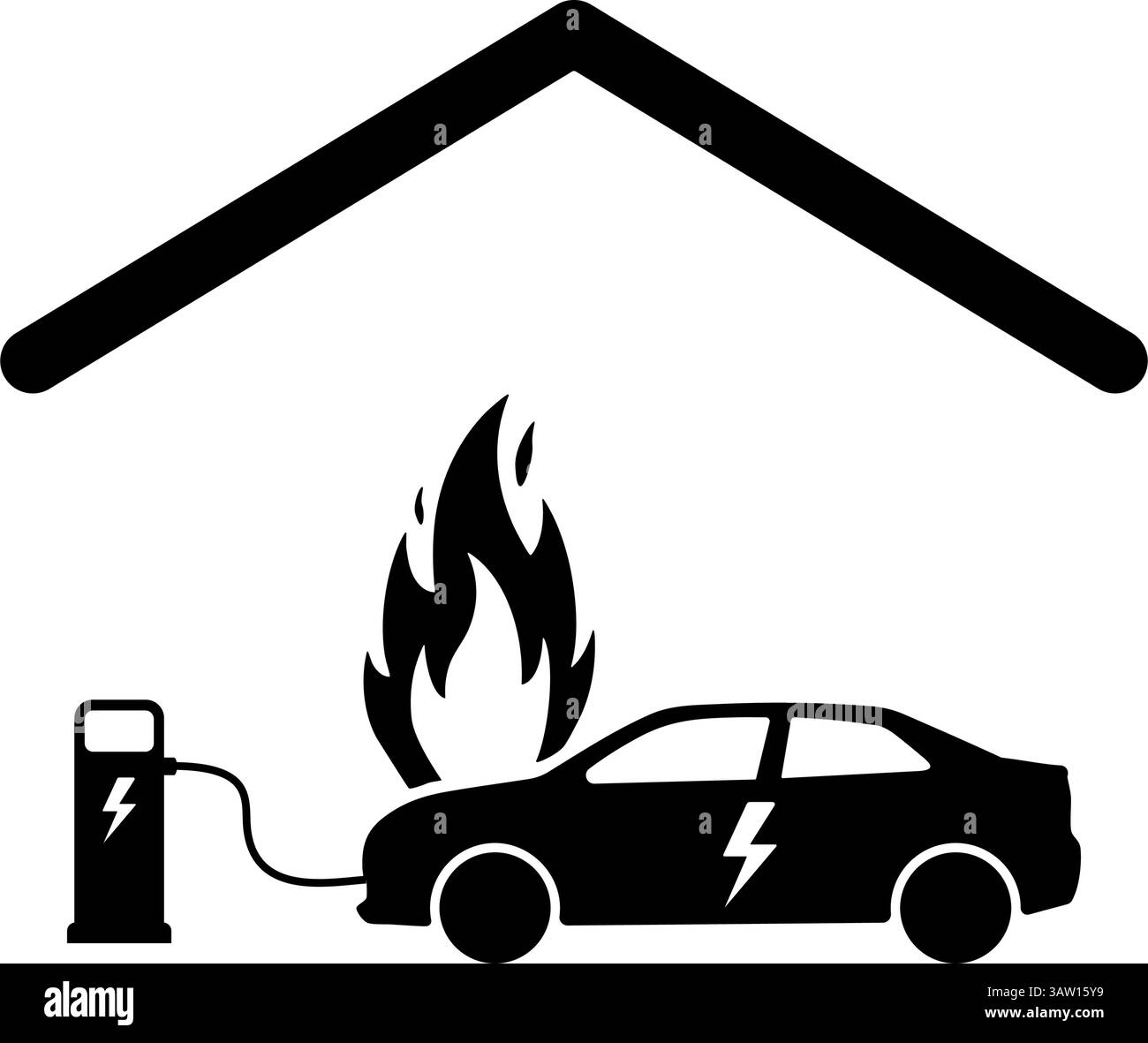 Electric car burning while charging at charger station in garage icon symbol Stock Vector