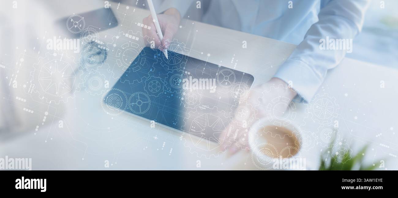 Mobile Device Integration with Digital Automation and System Optimization Processes. Stock Photo