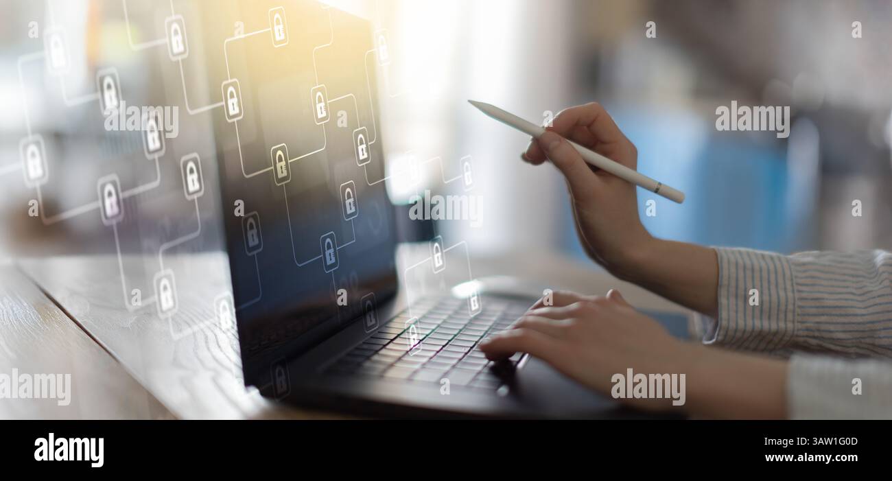 Blockchain Technology and Data Security Network Displayed on a Digital Interface. Stock Photo