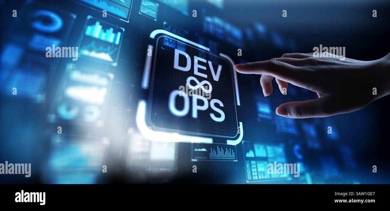 DevOps Development and Operations Integration for Efficient Delivery, projection on a virtual screen, Business and Technology Concept. Stock Photo