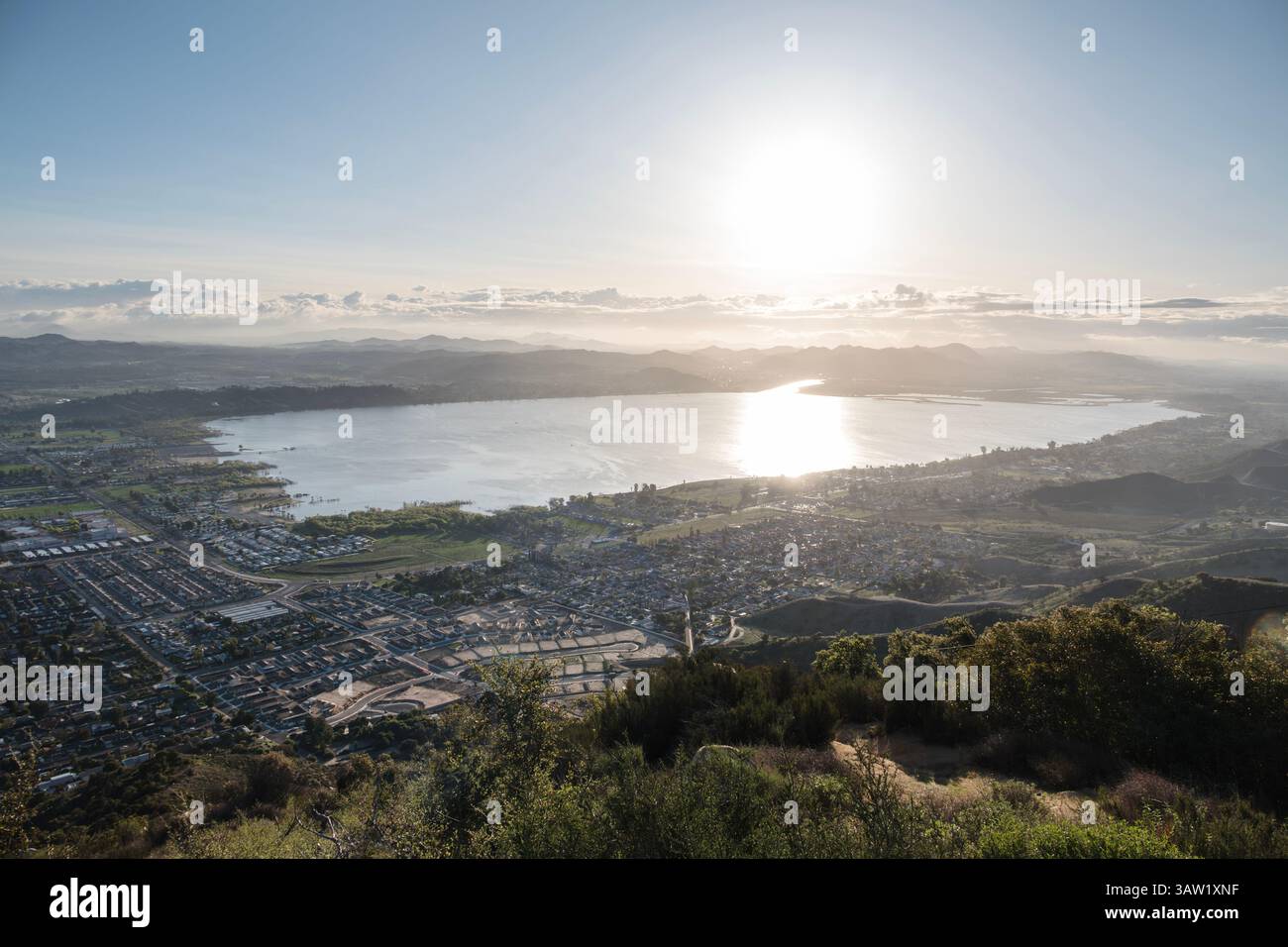 Sunrise view of Lake Elsinore in western Riverside County area of Southern California. Stock Photo