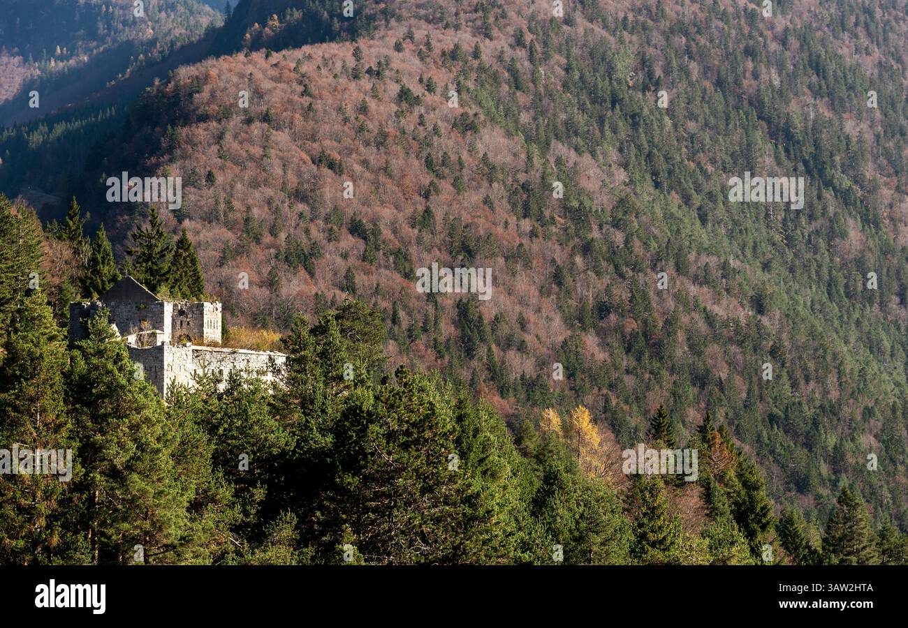 Scenic view of ford predel castle ruins nestled in a forest, showcasing the beauty of nature reclaiming a historical site. Slovenia Stock Photo