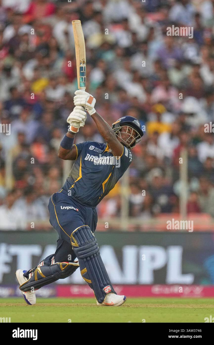 Gujarat Titans' Sherfane Rutherford plays a shot during the Indian ...