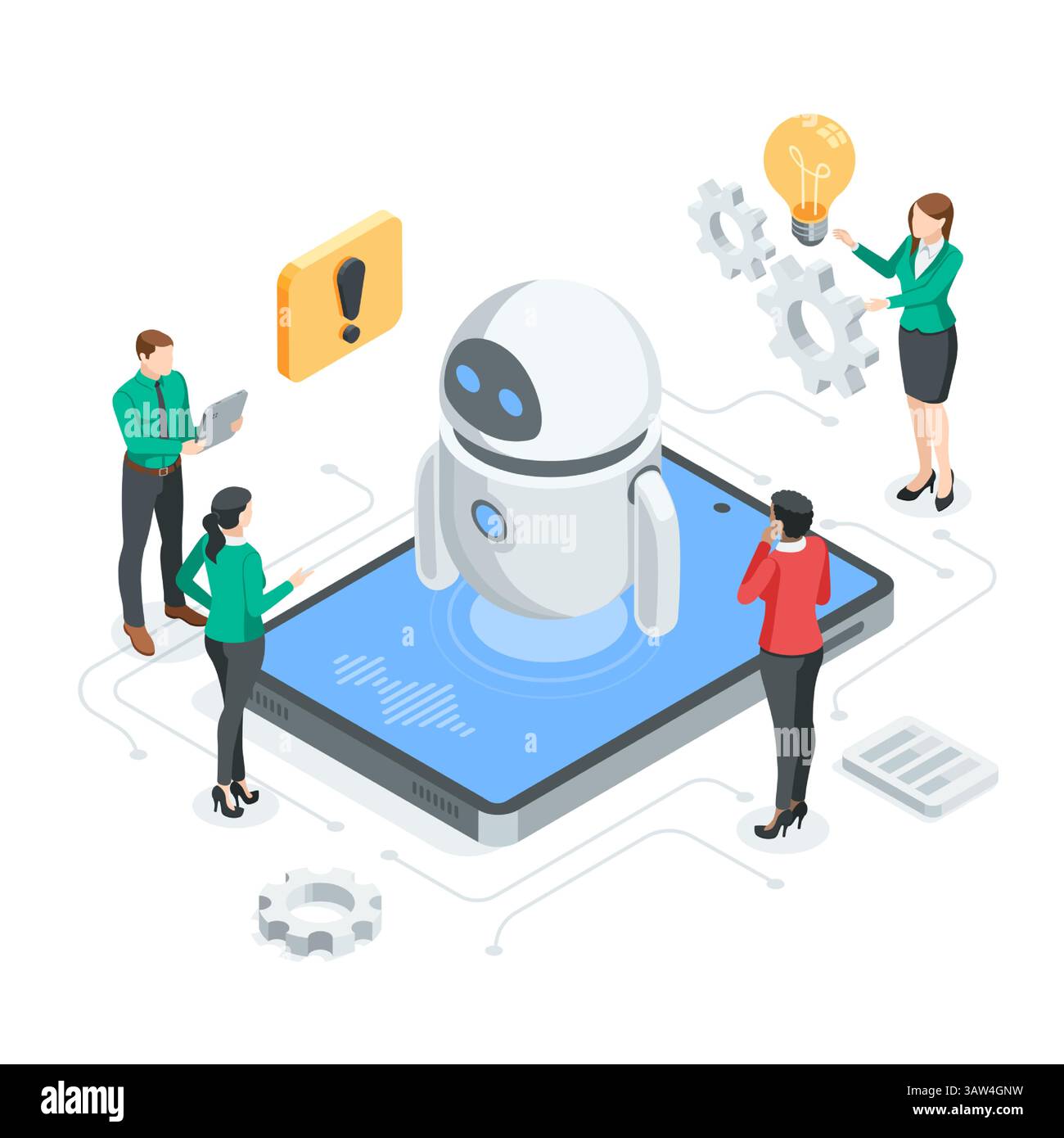 isometric vector bot on tablet screen and people developing it, in color on white background, artificial intelligence Stock Vector
