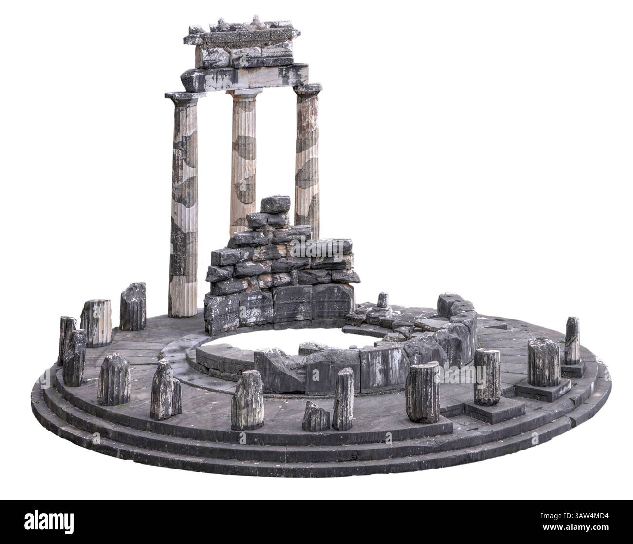 Delphi, Greece: Ruins at Tholos dedicated to ancient Greek goddess Athena Pronaia in Delphi, Greece isolated on pure white. Stock Photo