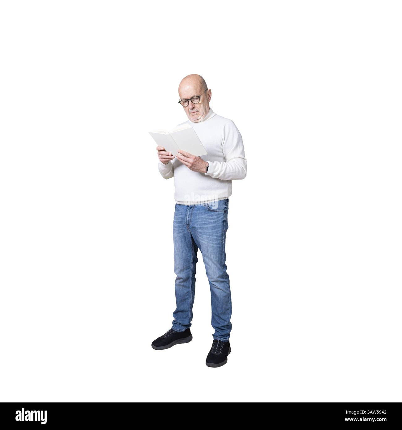 a man standing with glasses while reading a book on a transparent background Stock Photo