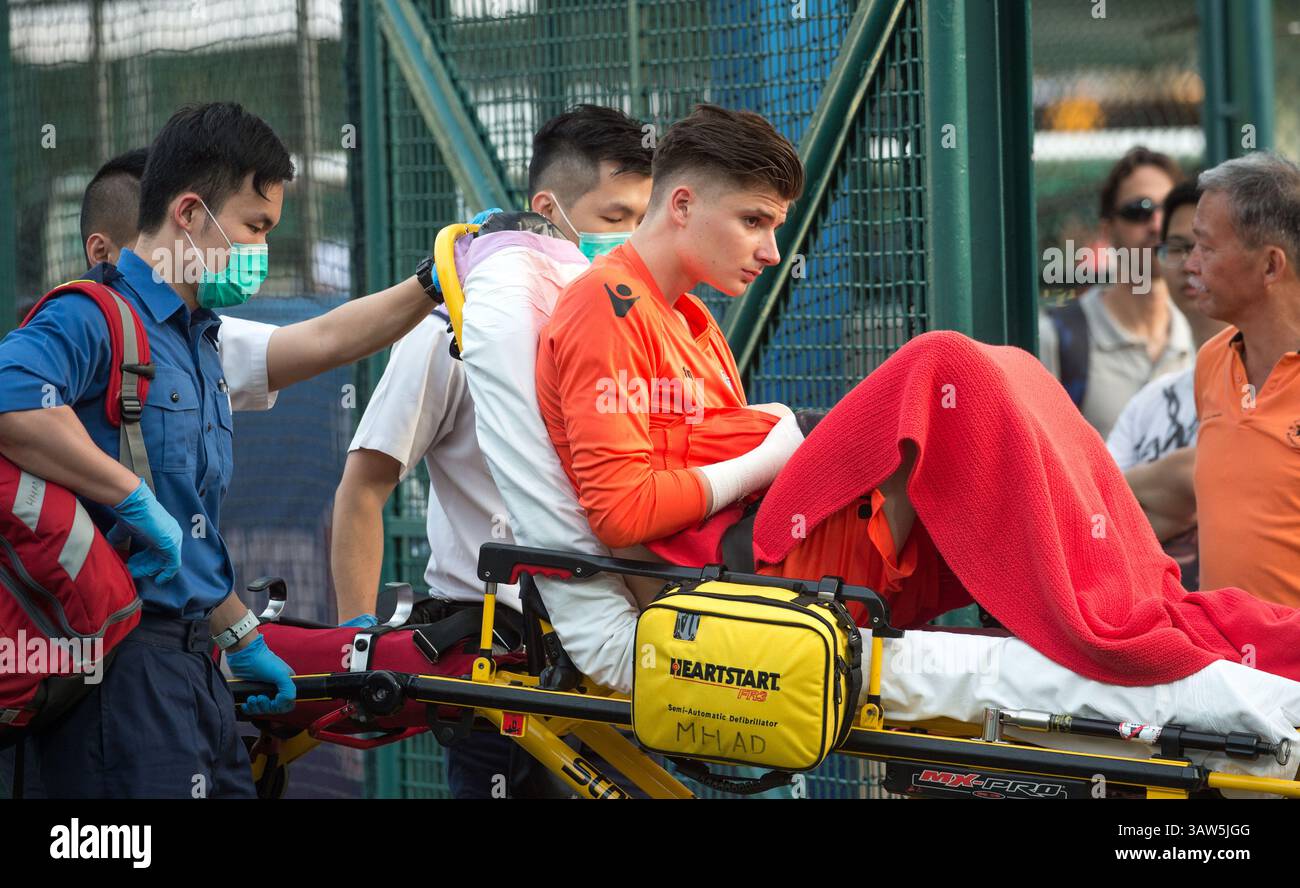 March 29, 2016 - Hong Kong, Hong Kong SAR, China - HKFC Citibank Soccer sevens Cup final Aston Villa vs West Ham United. Aston Villa take the cup. Goalkeeper MATIJA SARKIC is stretchered away after an injury sustained during a great save. (Credit Image: © Jayne Russell via ZUMA Wire) Stock Photo