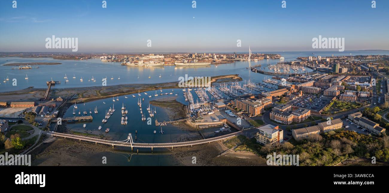 Aerial panoramic view of Haslar Marina, Gosport (PO12), Hampshire, UK. Stock Photo