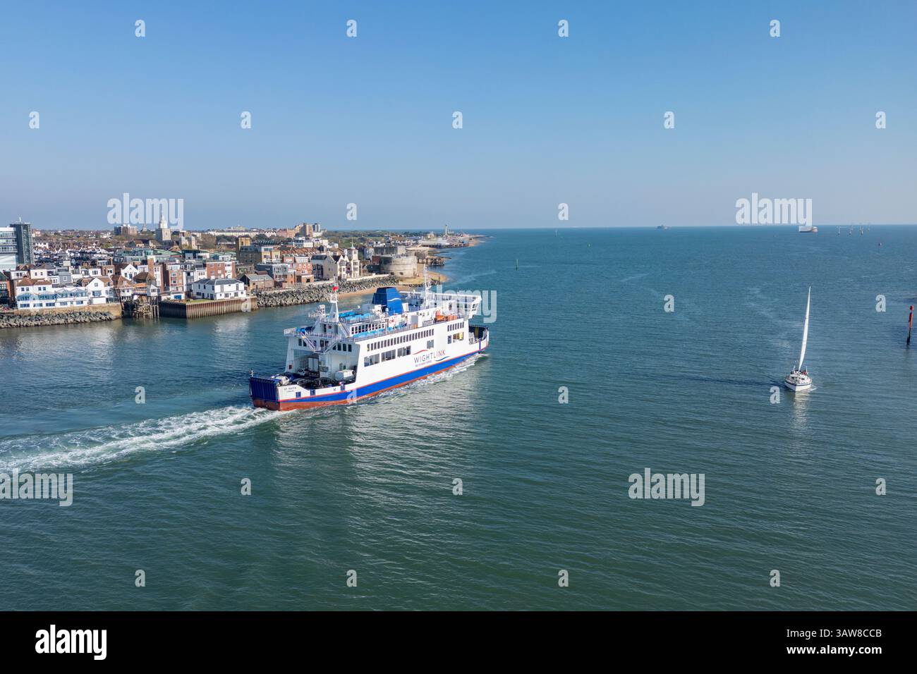 Aerial view of the MV St Faith, Wightlink ferry departing Portsmouth Harbour, UK. Stock Photo