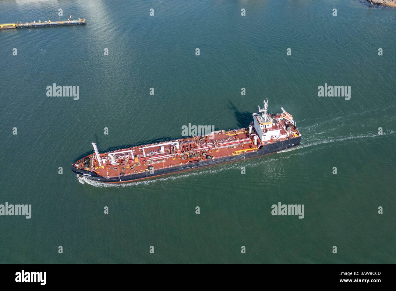 Aerial view of the Whitonia, a Oil Products Tanker sailing through Portsmouth Harbour, UK. Stock Photo