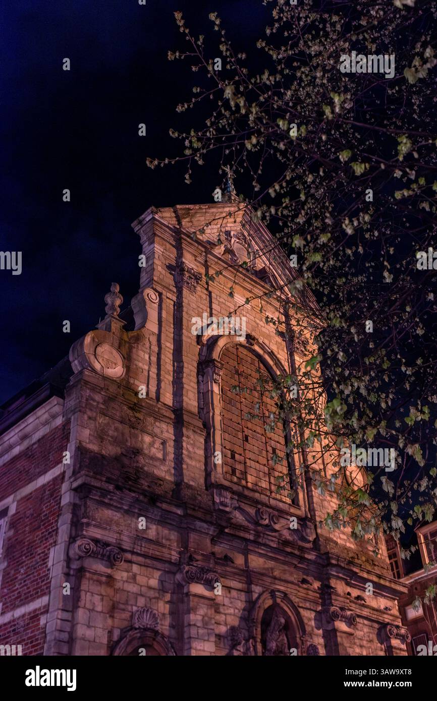 Mary Magdalene Chapel exterior at night, Brussels, Belgium Stock Photo