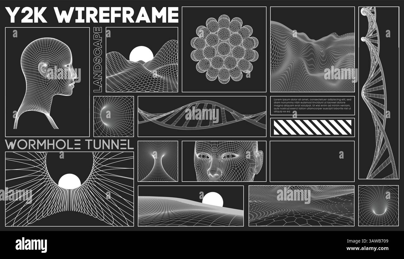Y2K wireframe vector collage with digital human head, DNA helix structure, wormhole tunnel, mesh landscape, abstract neural elements, and futuristic Stock Vector