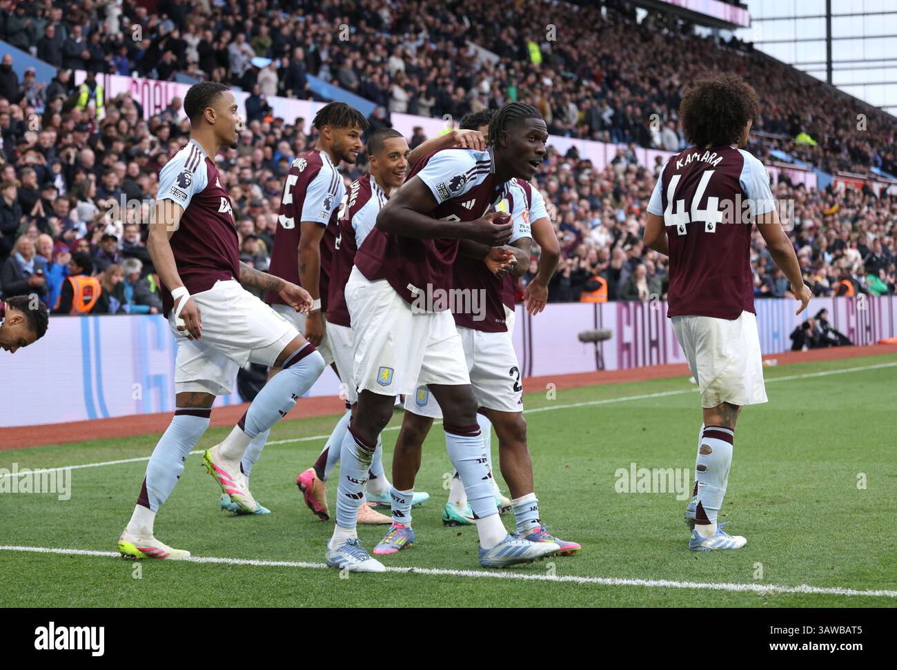 Birmingham, UK. 19th Apr, 2025. Amadou Onana (AV) celebrates scoring ...