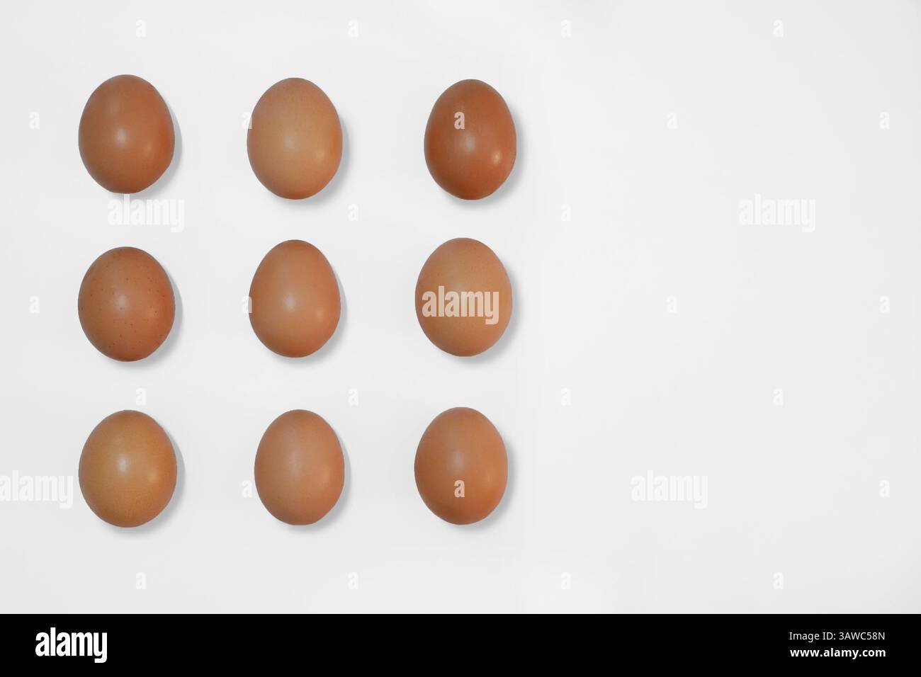 Raw brown chicken eggs on a white background with copy space. Stock Photo