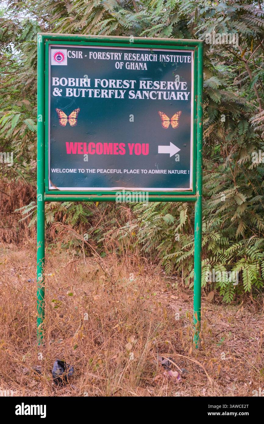 Ghana. Entrance Sign to Bobiri Forest Reserve and Butterfly Sanctuary. Stock Photo