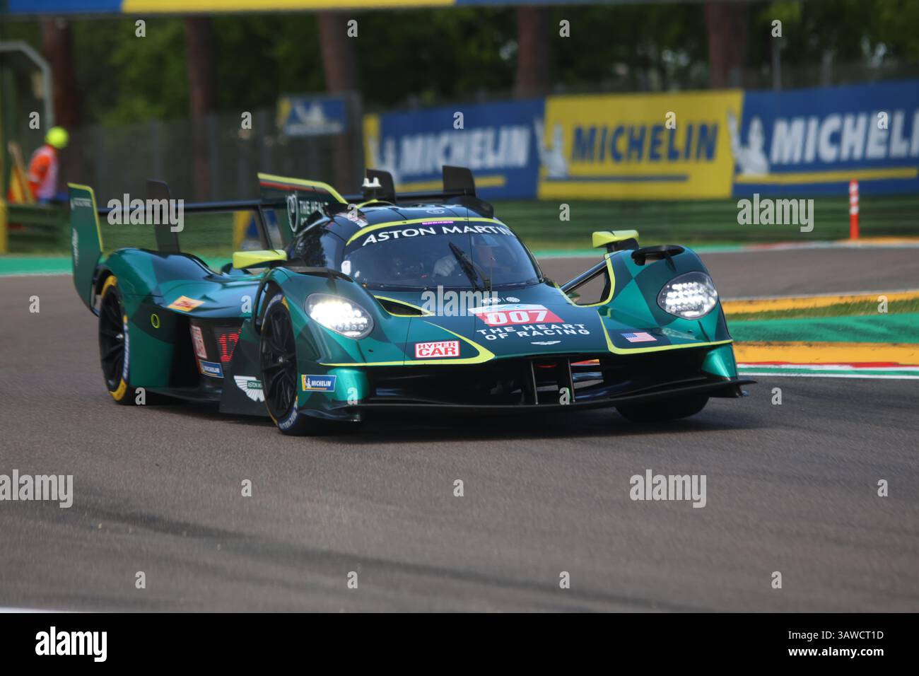 Imola, Italy. 19th Apr, 2025. The #007 Heart of Racing Aston Martin Valkyrie AMR-LMH Hypercar makes its Imola debut at the Variante Alta during the FIA World Endurance Championship, WEC 6 Hours Of Imola 2025, Italy (Photo by Wan Mikhail Roslan/Sipa USA) Credit: Sipa USA/Alamy Live News Stock Photo