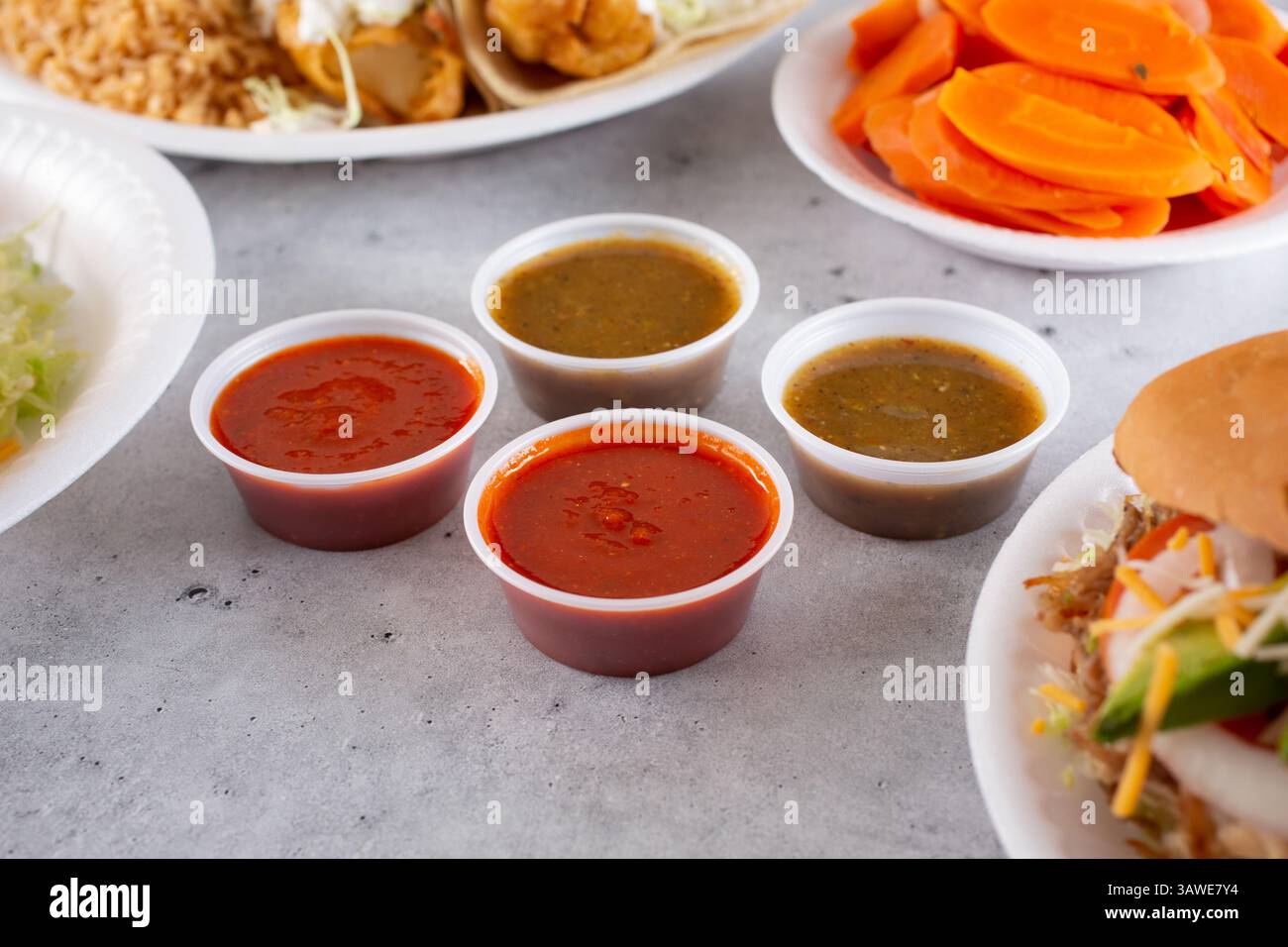 A view of varieties of Mexican salsas. Stock Photo