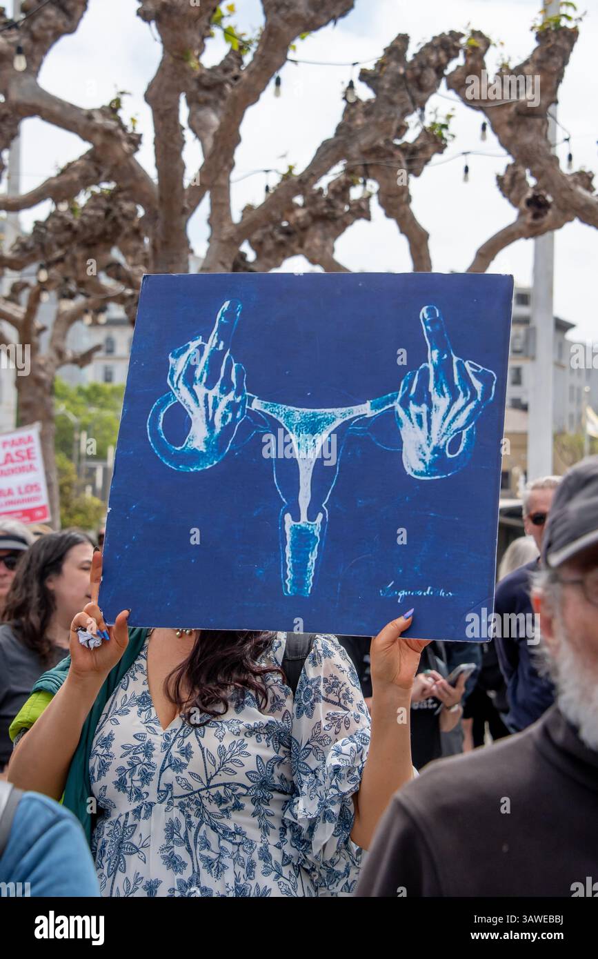 San Francisco, USA. 19th Apr 2025. At the Civic Center Plaza “Stop the Billionaire Agenda” protest against the Trump Administration, a woman holds a sign in front of her face showing an illustration of a woman's reproductive system where both ovaries are instead hands holding up a middle finger. Credit: Shelly Rivoli/Alamy Live News - Stock Image