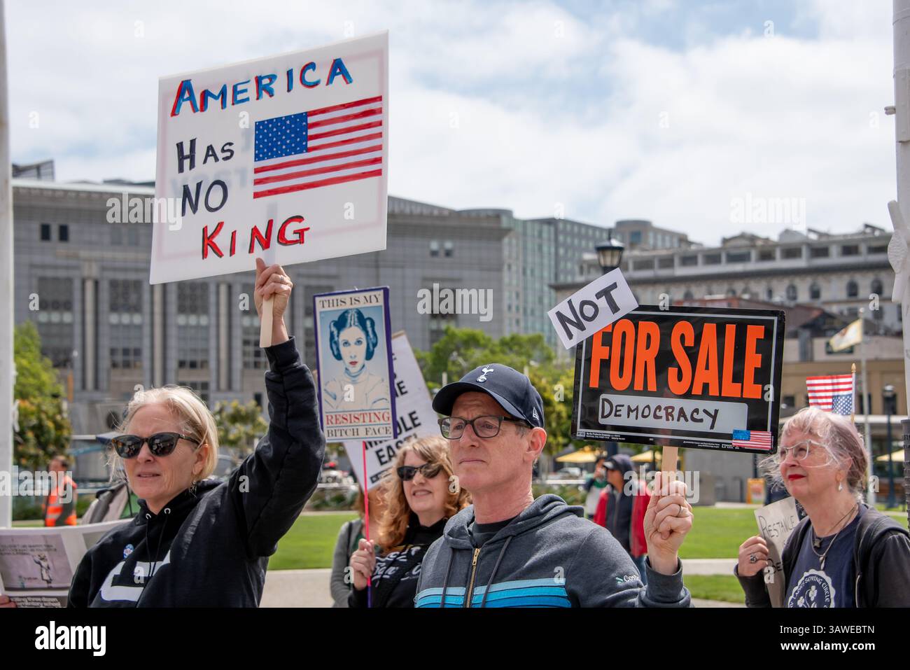 San Francisco, USA. 19th Apr 2025. Protesters gather at Civic Center Plaza for the “Stop the Billionaire Agenda” protest against the Trump Administration. Signs read, 'America has no king,' and 'Not for sale: Democracy.' Credit: Shelly Rivoli/Alamy Live News - Stock Image