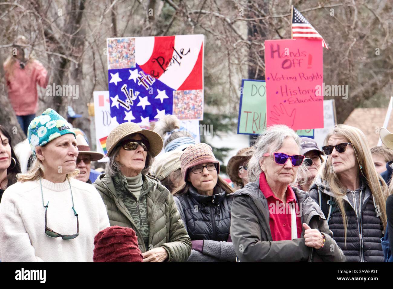 Glenwood Springs, Colorado, USA. 5 April 2025. Approximately 2000 Hands Off! Protesters gather to demonstrate against Trump, Musk, and DOGE. Stock Photo
